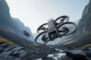 山岳地帯の渓谷を高速飛行するDJI Avata 2 FPVドローン。小型・軽量ボディとプロペラガード一体型デザインが特徴。