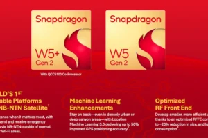QualcommのSnapdragon W5+ Gen 2およびW5 Gen 2は、NB-NTN衛星接続、機械学習によるGPS精度、そして次世代ウェアラブル向けに最適化されたRFフロントエンドを導入しています。(画像提供：Qualcomm)