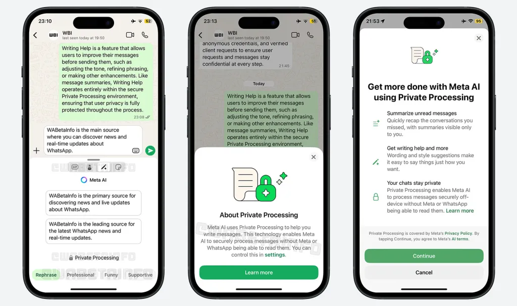WhatsApp の AI ライティング アシスト機能のプレビュー。