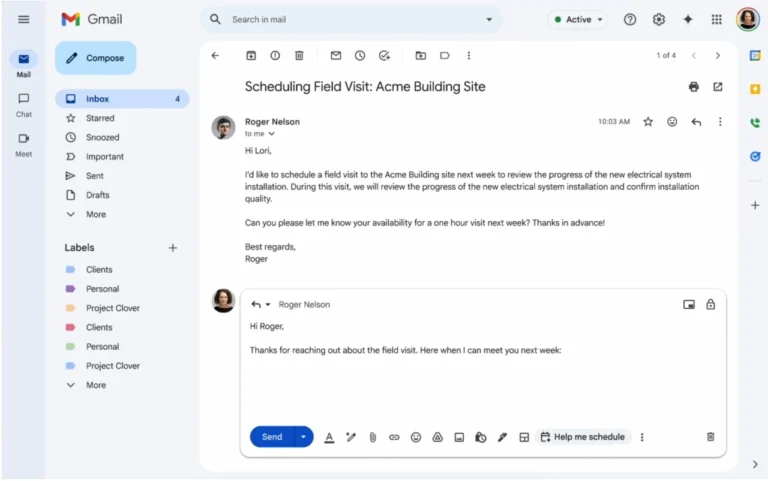 Google Gemini を活用した Gmail 機能「Help me schedule」のプレビュー。(画像出典: Google ブログ)