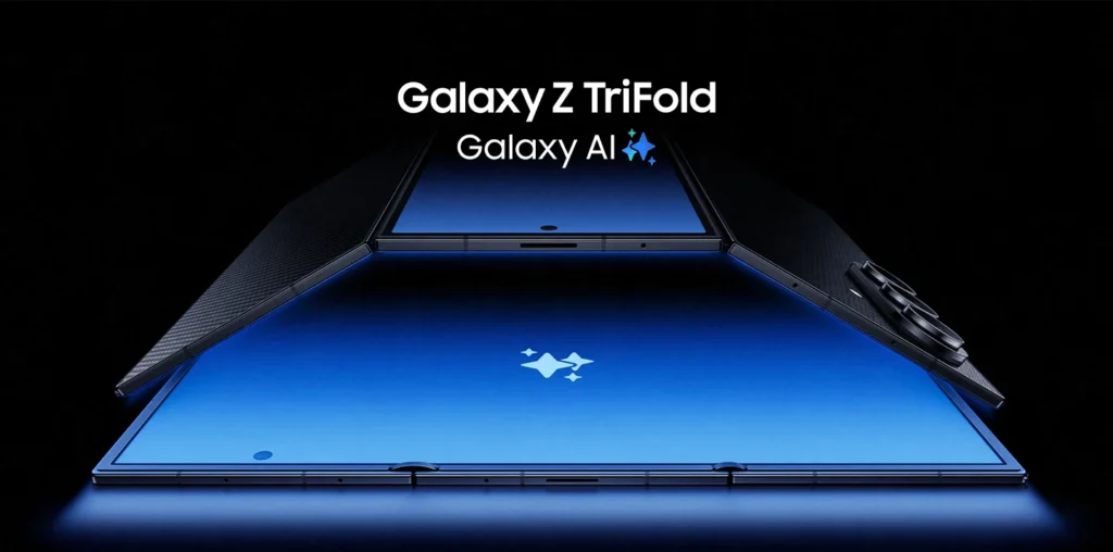 Samsung Galaxy Z TriFoldを広げた状態で表示する折りたたみスマホ