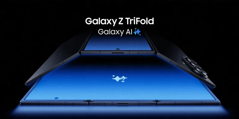 Samsung Galaxy Z TriFoldを広げた状態で表示する折りたたみスマホ
