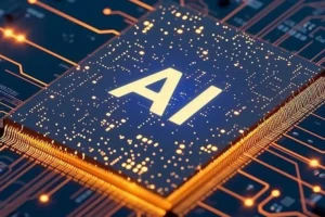 AIハードウェアの概念を示す高性能プロセッサと人工知能処理のイメージ