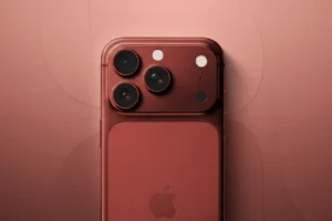 噂のディープレッドのiPhone 18 Proと、ブラックおよびシルバーの折りたたみiPhoneのコンセプトイメージ