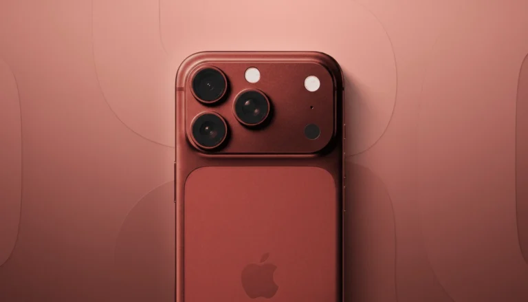 噂のディープレッドのiPhone 18 Proと、ブラックおよびシルバーの折りたたみiPhoneのコンセプトイメージ