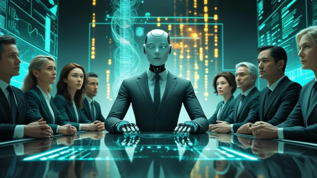 AIエージェントがCEOとして店舗運営を管理する未来型ビジネスをイメージしたコンセプト画像