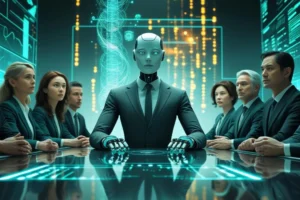 AIエージェントがCEOとして店舗運営を管理する未来型ビジネスをイメージしたコンセプト画像
