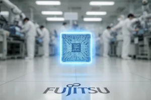 富士通とRapidusによる1.4nm AI半導体開発をイメージした次世代チップと回路基板