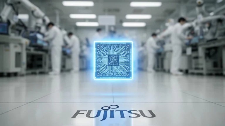 富士通とRapidusによる1.4nm AI半導体開発をイメージした次世代チップと回路基板