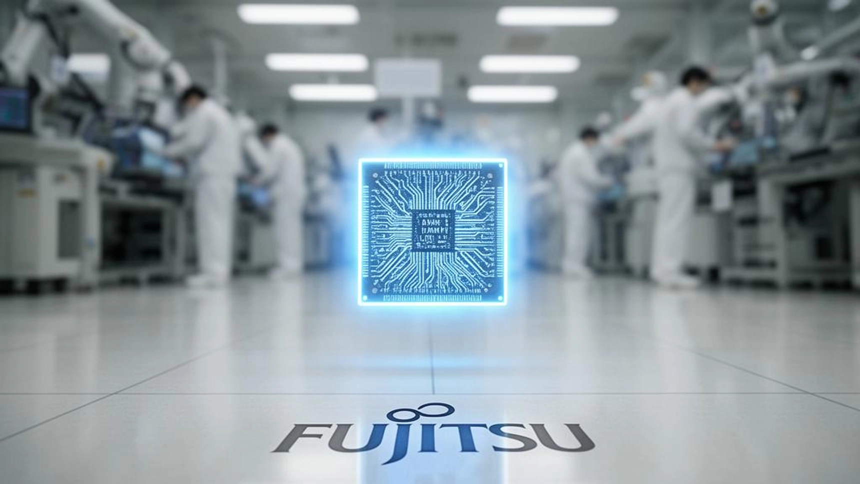 富士通とRapidusによる1.4nm AI半導体開発をイメージした次世代チップと回路基板