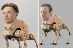 イーロン・マスクやザッカーバーグの頭を持つAIロボット犬がベルリン美術館に登場 イーロン・マスク氏やマーク・ザッカーバーグ氏の頭部を持つAIロボット犬が展示されたBeeple氏の未来型ベルリン展示会