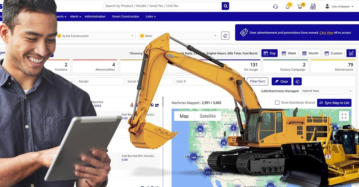 画像出典：Komatsu公式「Telematics」ページ Komatsuは、テレマティクスデータをMy Komatsuで可視化し、混在フリートの分析、燃料消費、メンテナンスアラート、ダウンタイム削減に活用できると説明しています。
