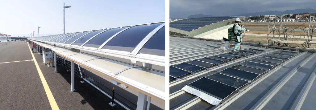 軽量などの特長を生かしたフレキシブル太陽電池を試験的に設置した事例 （左：積水化学工業株式会社・積水ソーラーフィルム株式会社、右：日揮株式会社）