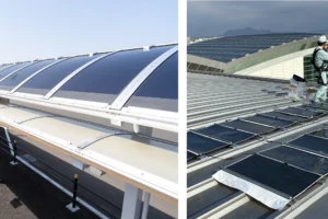 軽量などの特長を生かしたフレキシブル太陽電池を試験的に設置した事例 （左：積水化学工業株式会社・積水ソーラーフィルム株式会社、右：日揮株式会社）