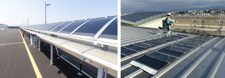 軽量などの特長を生かしたフレキシブル太陽電池を試験的に設置した事例 （左：積水化学工業株式会社・積水ソーラーフィルム株式会社、右：日揮株式会社）
