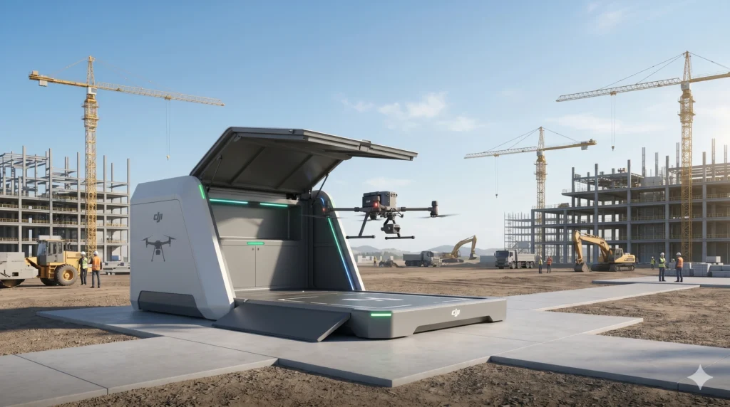 自律ドローンポートによる建設現場の遠隔・定時巡回イメージ（Image Source: DJI）