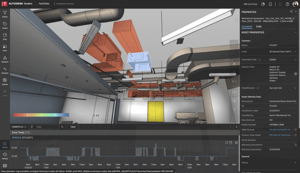 画像出典：Autodesk Tandem Autodeskは、デジタルツインが施設管理者に3D上の設備情報、O&M資料、資産情報、BMS・IoTデータを文脈付きで提供できると説明しています。