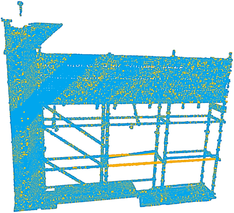 画像出典：Frontiers in Built Environment 同論文は、足場の3D点群データをクラウドAIで解析し、認証済みの基準スキャンと最新スキャンを比較して、足場構造の変更や逸脱を検出する仕組みを提案しています。