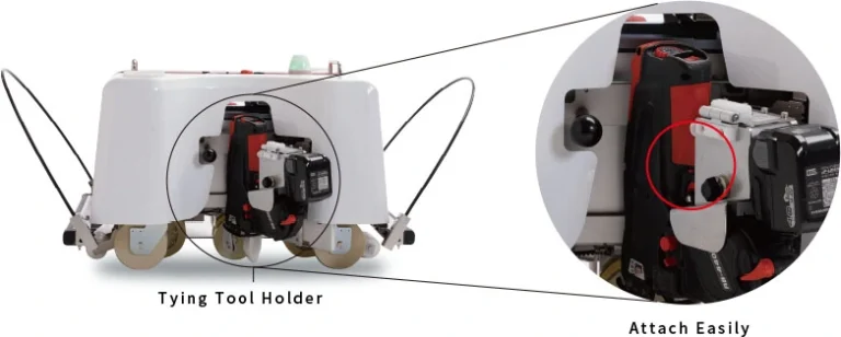 画像出典：KEN ROBOTECH CORPORATION 建ロボテックは、REBAR TYING ROBOT TOMOROBO©について、市販の鉄筋結束機を装着して鉄筋結束作業を自動化し、現場作業員を単純反復作業から解放して、より高度な作業に集中できるようにすると説明しています。