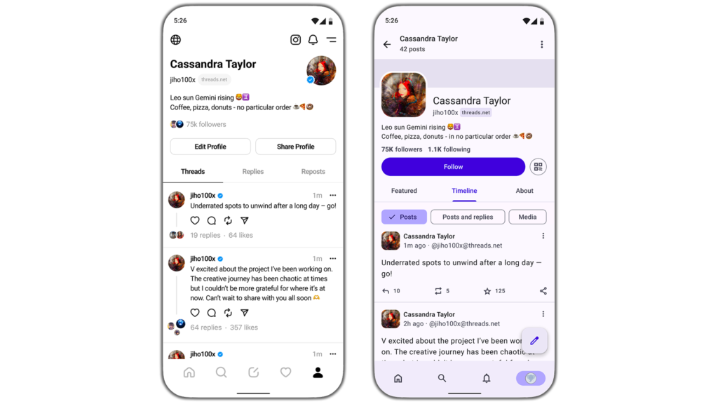 ThreadsとFediverseのプロフィール画面を並べて表示したMeta公式イメージ