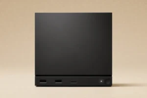 黒いSteam Machine本体を正面から写した公式製品画像