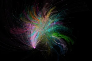 企業AIは“文書検索”から“関係性理解”へ:GraphRAGが変える社内ナレッジ活用 Microsoft ResearchのProject GraphRAGを表すカラフルなネットワーク可視化画像