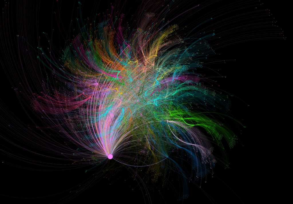 Microsoft ResearchのProject GraphRAGを表すカラフルなネットワーク可視化画像