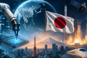 AIを搭載した産業用ロボットが近代的な日本の工場で稼働し、フィジカルAIと製造業の未来を象徴するイメージ。