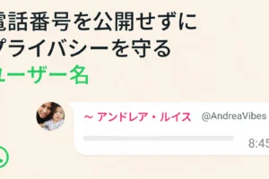 WhatsAppのユーザー名機能を示すスマートフォン画面。電話番号を公開せずにユーザー名で連絡できる新しいプライバシー保護機能のイメージ。