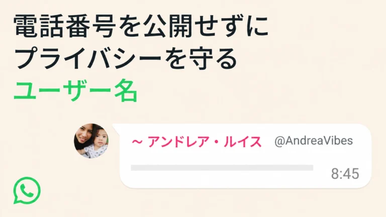 WhatsAppのユーザー名機能を示すスマートフォン画面。電話番号を公開せずにユーザー名で連絡できる新しいプライバシー保護機能のイメージ。